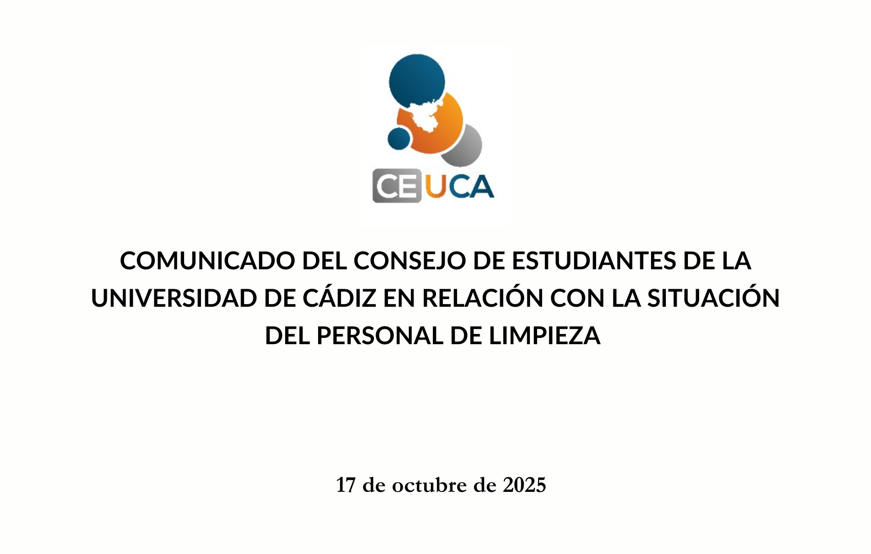 Comunicado del Consejo de Estudiantes de la Universidad de Cádiz en relación con la situación del personal de limpieza