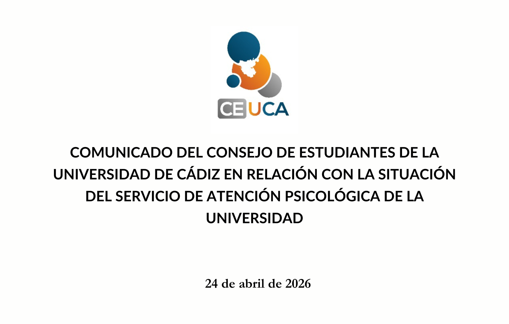 Comunicado del Consejo de Estudiantes de la Universidad de Cádiz en relación con la situación del Servicio de Atención Psicológica de la universidad